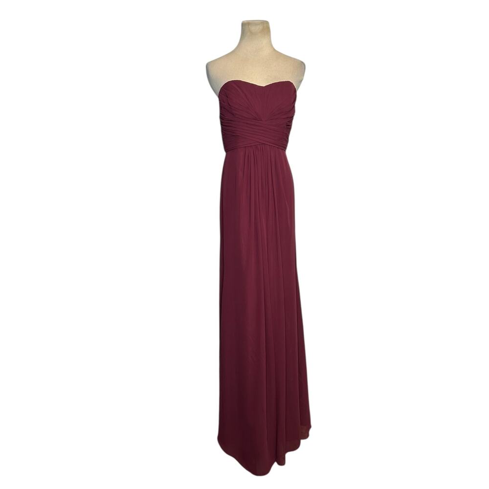 David’s Bridal burgundy chiffon strapless long formal dress size 4